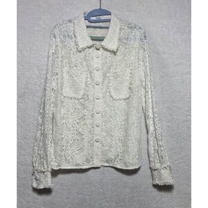 WEILL Paris Floral Lace Button Down Shirt Tweed Fringe Trim Cream Size 42 (10US)